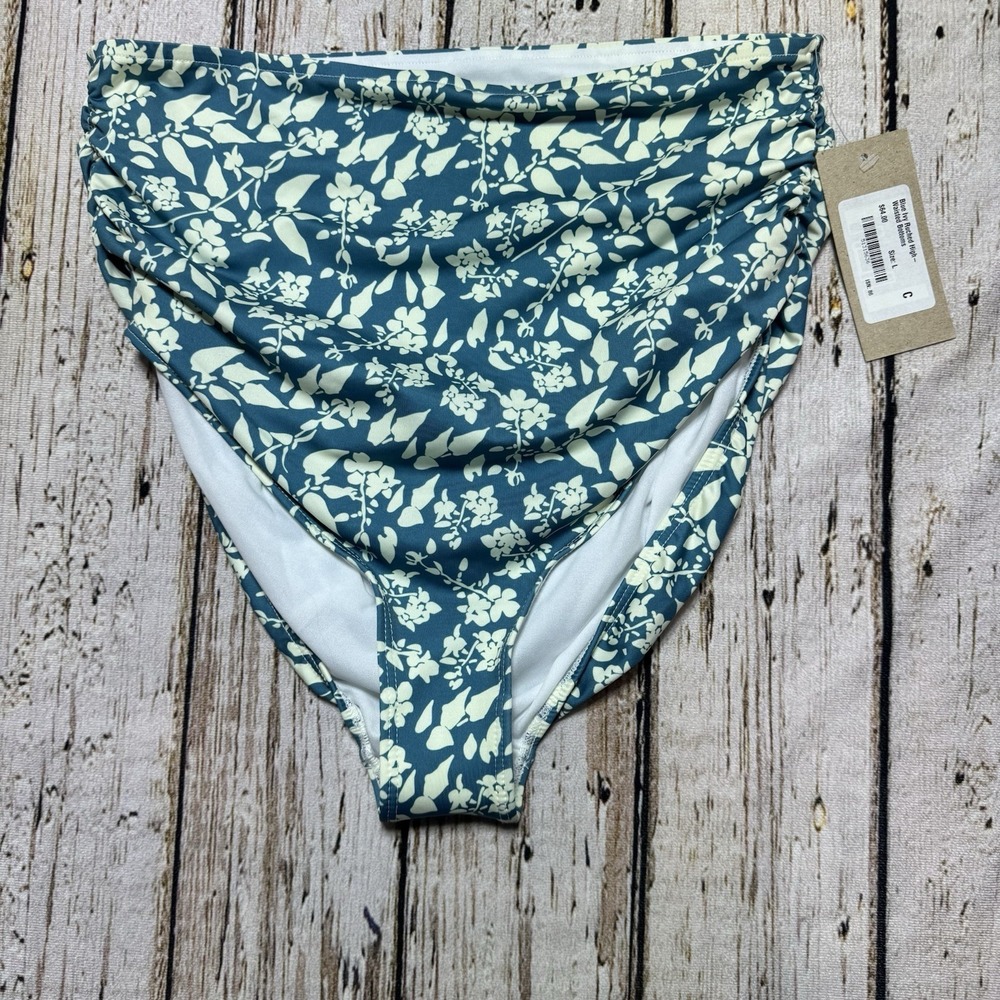Albion Fit High-Waisted Swim Bottoms‎ Blue Ivy Ruched Floral Large New NWT